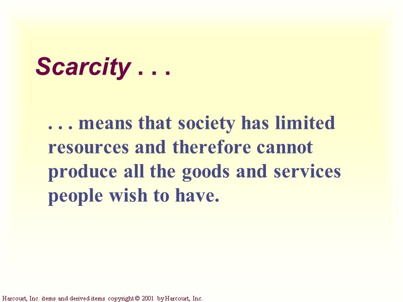 Scarcity . . . . . . means that society has limited resources and
